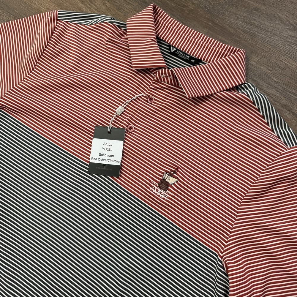NWT Levelwear Golf Polo Red Gray Striped Cabot Golf Club Men's Sz M‎ Cape Breton